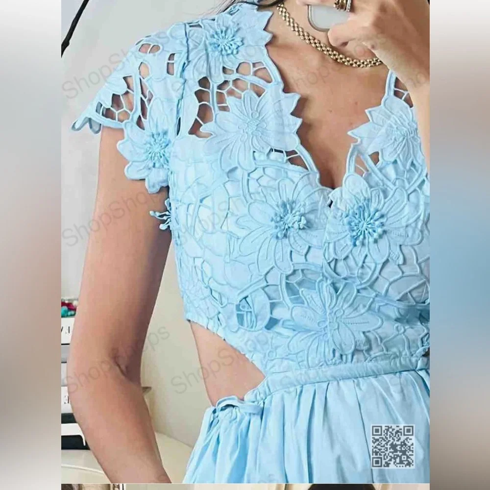 New Blue Crochet Midi Dress w/cut-out sides - Picture 5 of 10